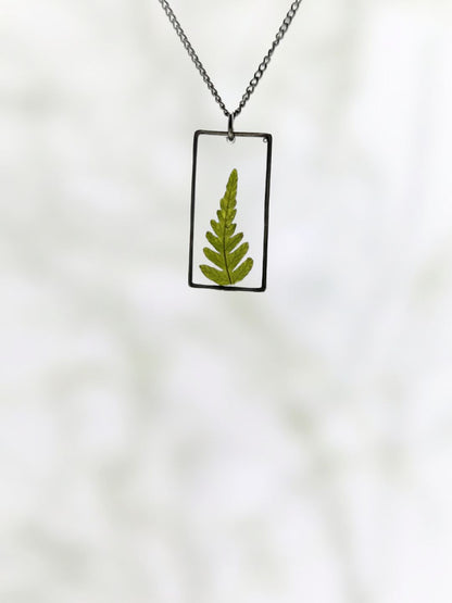 Rectangle Fern Necklace — Real Pressed Fern Leaf Pendant