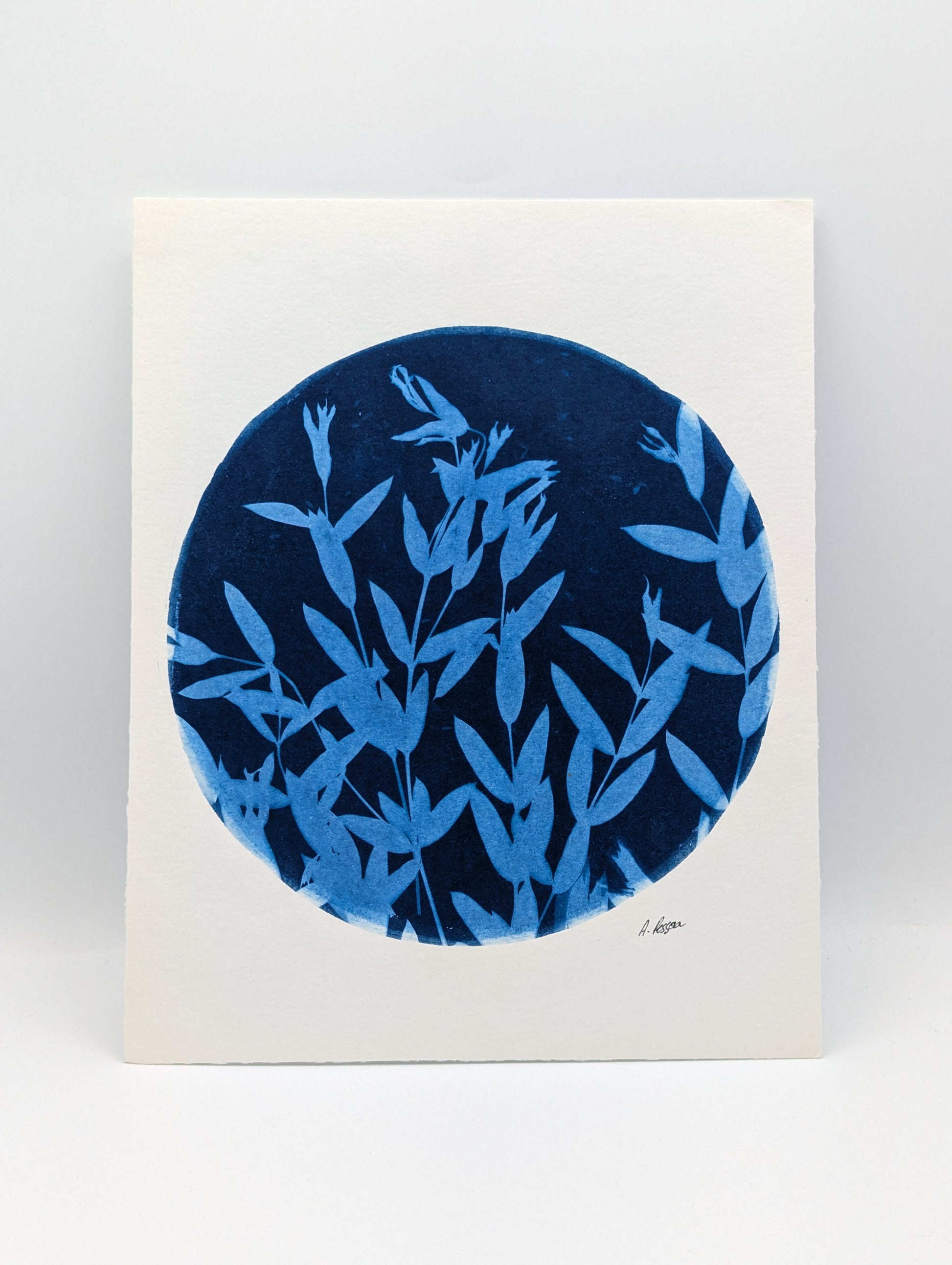 Art print with blue botanical design on a white background