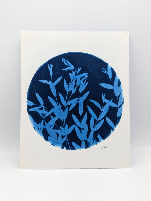 Art print with blue botanical design on a white background