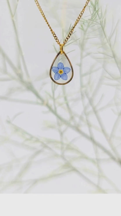 Forget Me Not Flower Necklace — Teardrop Pressed Flower Pendant