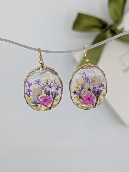 Round earrings with floral design on a white background
