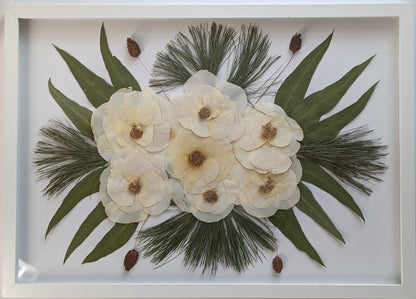 wedding pressed flowers frame, in a white frame with glass