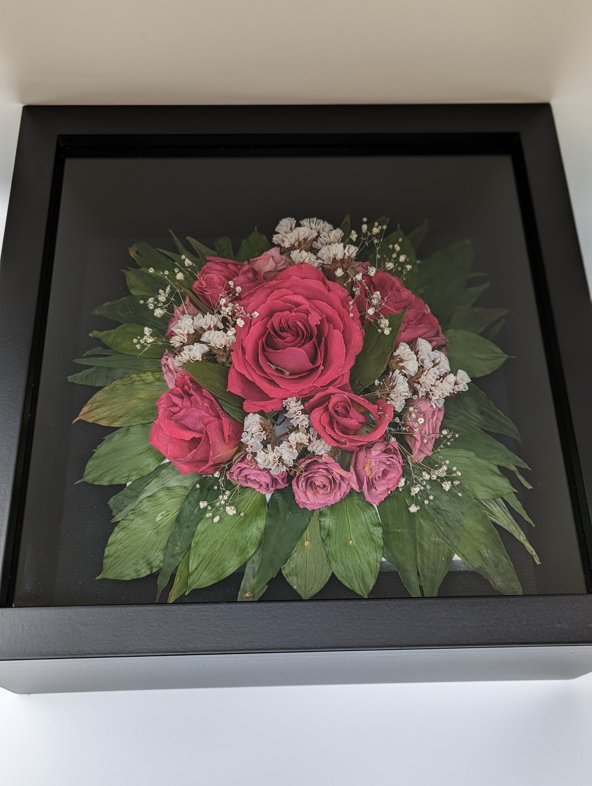 roses in shadow box, preserved wedding bouquet